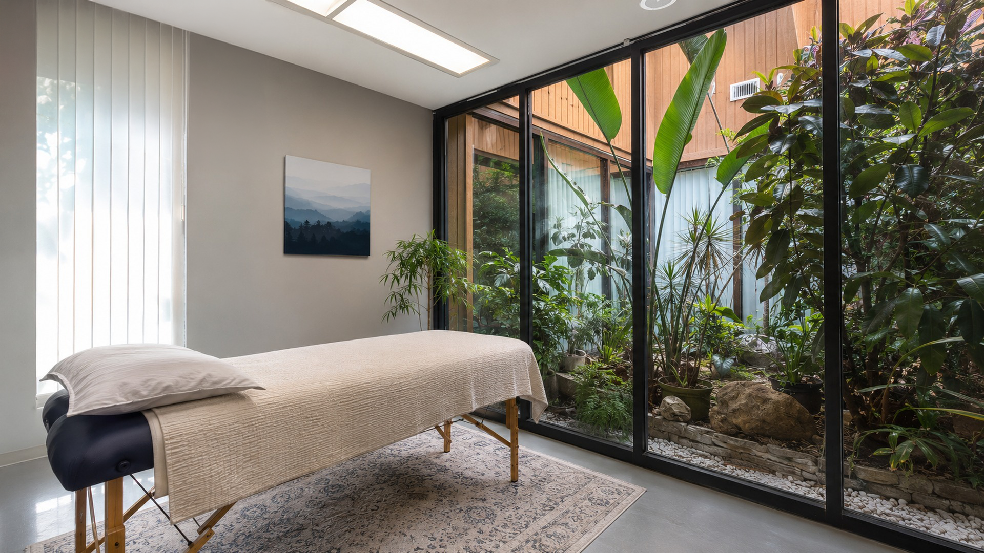 Peaceful treatment room overlooking a lush indoor atrium at Al Brown’s Holistic Healing Centers of Michigan